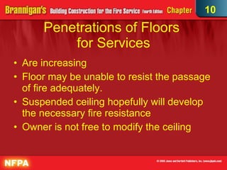 Penetrations of Floors  for Services Are increasing Floor may be unable to resist the passage of fire adequately. Suspended ceiling hopefully will develop the necessary fire resistance Owner is not free to modify the ceiling  10 