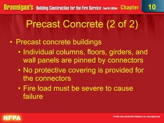 Precast Concrete (2 of 2)‏ Precast concrete buildings Individual columns, floors, girders, and wall panels are pinned by connectors No protective covering is provided for the connectors Fire load must be severe to cause failure 10 
