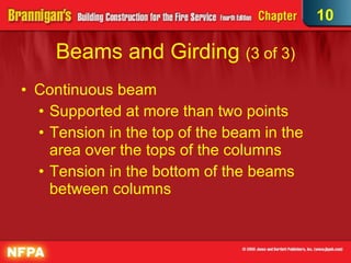 Beams and Girding  (3 of 3)‏ Continuous beam Supported at more than two points Tension in the top of the beam in the area over the tops of the columns Tension in the bottom of the beams between columns 10 