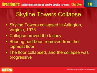 Skyline Towers Collapse Skyline Towers collapsed in Arlington, Virginia, 1973 Collapse proved the fallacy Shoring had been removed from the topmost floor The floor collapsed, and the collapse was progressive 10 