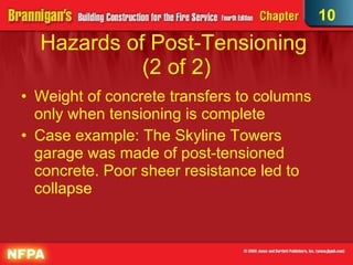 Hazards of Post-Tensioning  (2 of 2)‏ Weight of concrete transfers to columns only when tensioning is complete Case example: The Skyline Towers garage was made of post-tensioned concrete. Poor sheer resistance led to collapse 10 