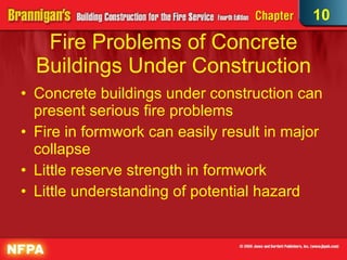 Fire Problems of Concrete Buildings Under Construction Concrete buildings under construction can present serious fire problems Fire in formwork can easily result in major collapse  Little reserve strength in formwork Little understanding of potential hazard 10 