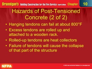 Hazards of Post-Tensioned Concrete (2 of 2)‏ Hanging tendons can fail at about 800°F Excess tendons are rolled up and attached to a wooden rack.  Rolled-up tendons are heat collectors Failure of tendons will cause the collapse of that part of the structure 10 