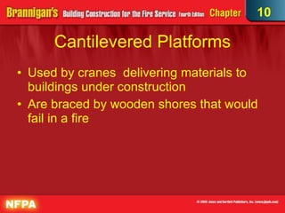 Cantilevered Platforms Used by cranes  delivering materials to buildings under construction  Are braced by wooden shores that would fail in a fire 10 