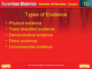 10

            Types of Evidence
•   Physical evidence
•   Trace (transfer) evidence
•   Demonstrative evidence
•   Direct evidence
•   Circumstantial evidence
 