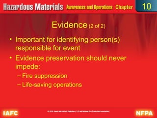 10

              Evidence (2 of 2)
• Important for identifying person(s)
  responsible for event
• Evidence preservation should never
  impede:
  – Fire suppression
  – Life-saving operations
 