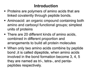 Introduction
 Proteins are polymers of amino acids that are
linked covalently through peptide bonds.
 Aminoacid: an organic cmpound containing both
amino and carboxyl functional groups; simplest
units of proteins
 There are 20 different kinds of amino acids,
combined in different proportion and
arrangements to build all protein molecules
 When only two amino acids combine by peptide
bond ,it is called dipeptide, when amino acids
involved in the bond formation become 3, 4, 5
they are named as tri-, tetra-, and penta-
peptides respectively.
 
