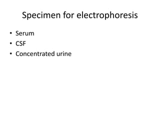 Specimen for electrophoresis
• Serum
• CSF
• Concentrated urine
 