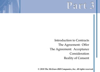 Introduction to Contracts
                  The Agreement: Offer
            The Agreement: Acceptance
                          Consideration
                      Reality of Consent


© 2010 The McGraw-Hill Companies, Inc. All rights reserved.
 