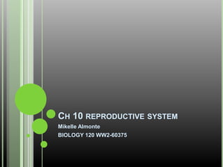 CH 10 REPRODUCTIVE SYSTEM
Mikelle Almonte
BIOLOGY 120 WW2-60375
 