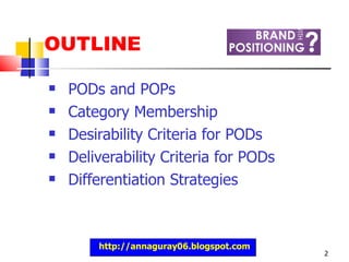 OUTLINE PODs and POPs Category Membership Desirability Criteria for PODs Deliverability Criteria for PODs Differentiation Strategies http://annaguray06.blogspot.com 