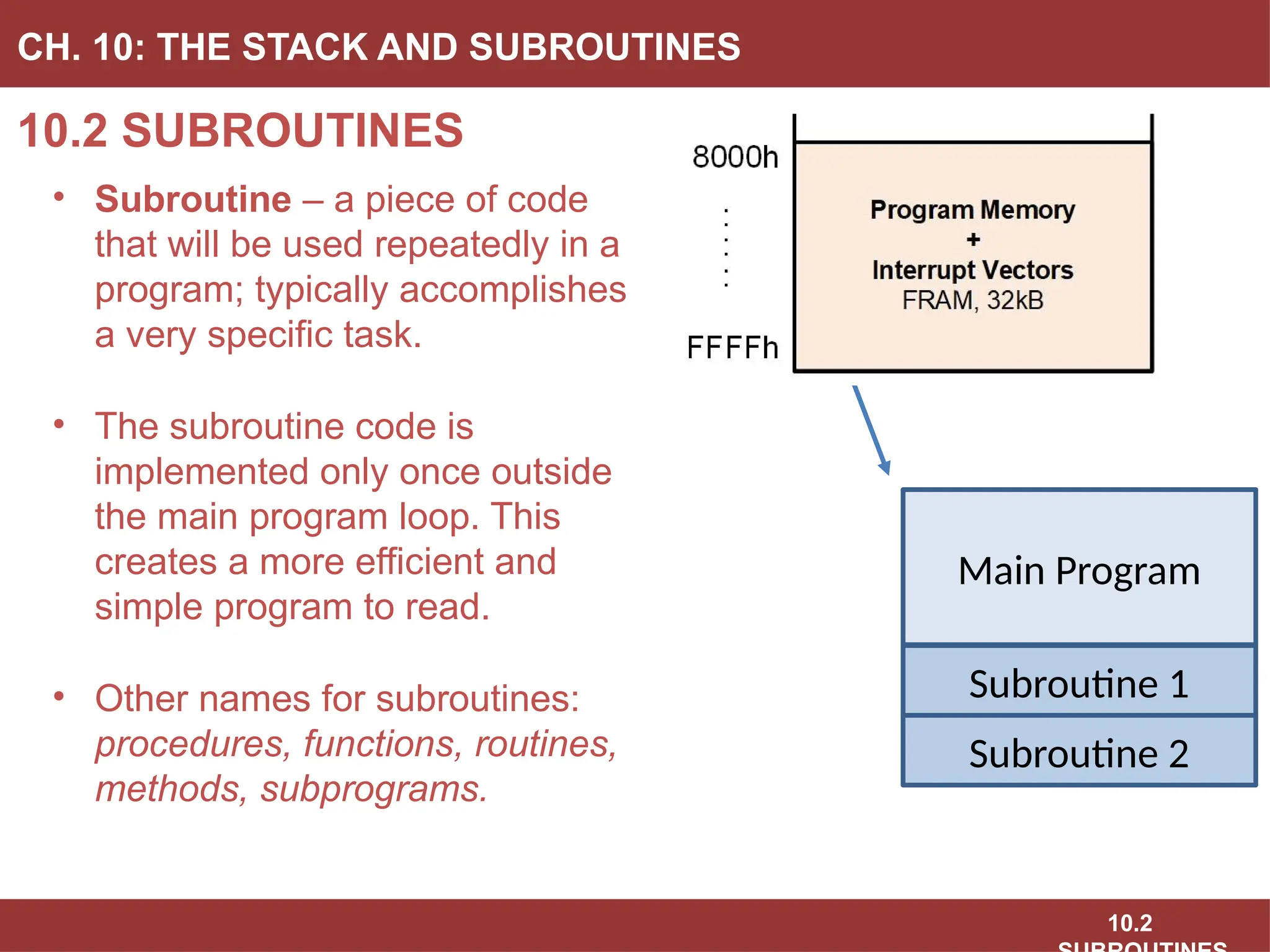 10.2
10.2 SUBROUTINES
CH. 10: THE STACK AND SUBROUTINES
• Subroutine – a piece of code
that will be used repeatedly in a
program; typically accomplishes
a very specific task.
• The subroutine code is
implemented only once outside
the main program loop. This
creates a more efficient and
simple program to read.
• Other names for subroutines:
procedures, functions, routines,
methods, subprograms.
Main Program
Subroutine 1
Subroutine 2
 