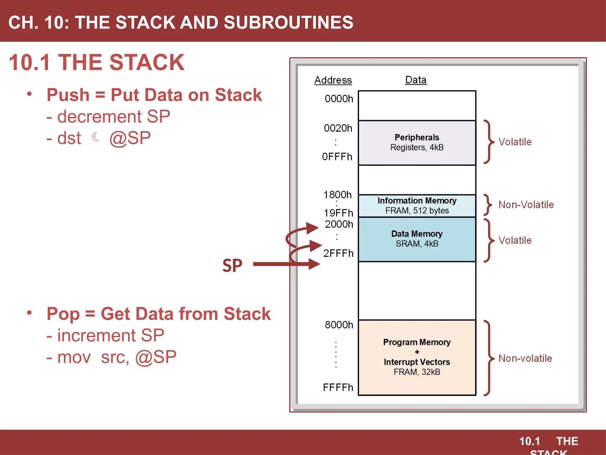 10.1 THE
10.1 THE STACK
CH. 10: THE STACK AND SUBROUTINES
• Push = Put Data on Stack
- decrement SP
- dst  @SP
• Pop = Get Data from Stack
- increment SP
- mov src, @SP
SP
 