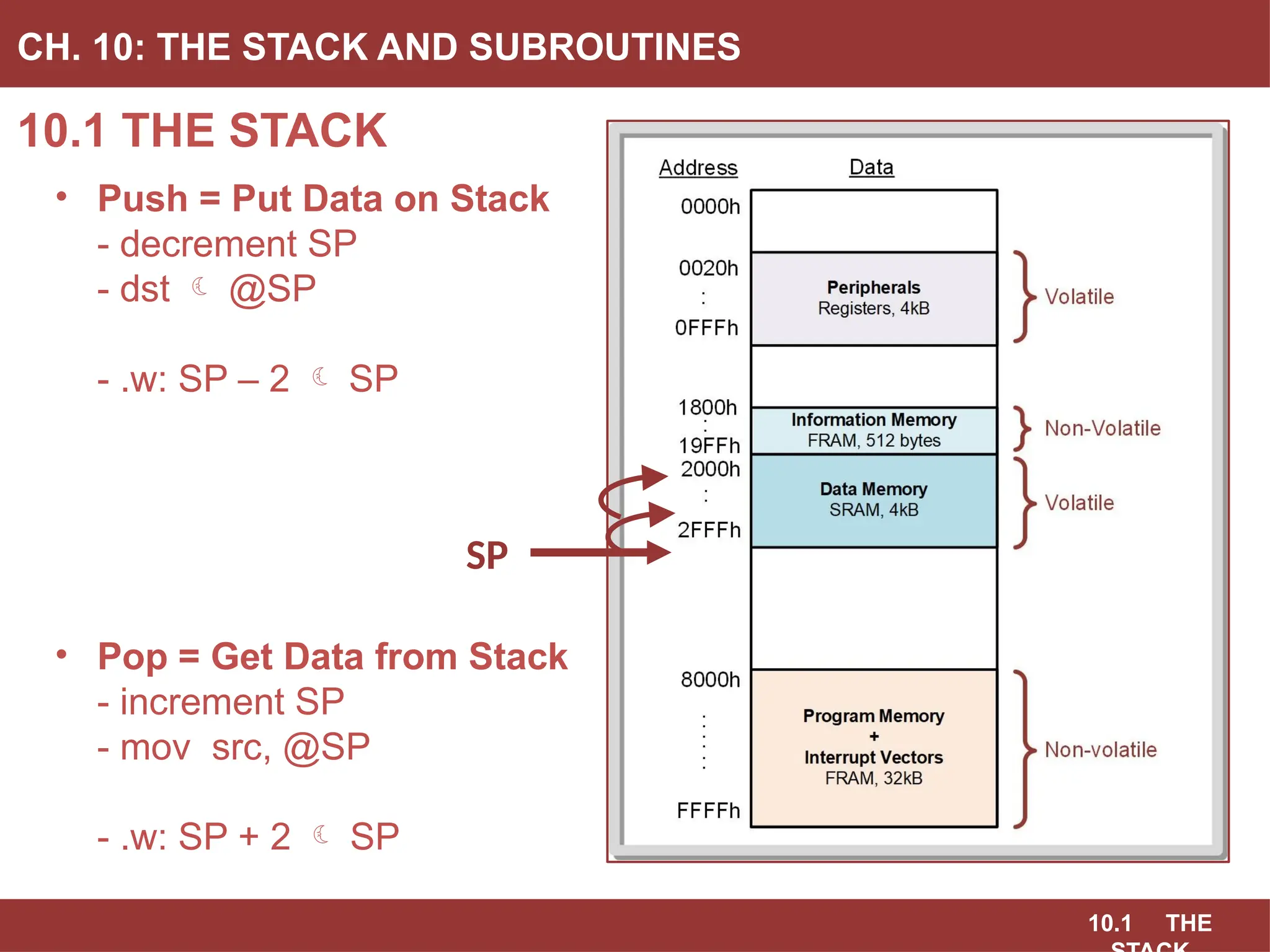 10.1 THE
10.1 THE STACK
CH. 10: THE STACK AND SUBROUTINES
• Push = Put Data on Stack
- decrement SP
- dst  @SP
- .w: SP – 2  SP
• Pop = Get Data from Stack
- increment SP
- mov src, @SP
- .w: SP + 2  SP
SP
 