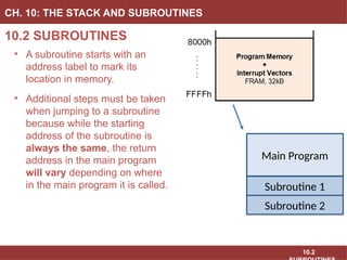 10.2
10.2 SUBROUTINES
CH. 10: THE STACK AND SUBROUTINES
• A subroutine starts with an
address label to mark its
location in memory.
• Additional steps must be taken
when jumping to a subroutine
because while the starting
address of the subroutine is
always the same, the return
address in the main program
will vary depending on where
in the main program it is called.
Main Program
Subroutine 1
Subroutine 2
 
