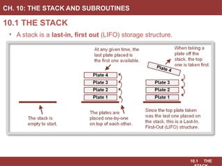 10.1 THE
10.1 THE STACK
CH. 10: THE STACK AND SUBROUTINES
• A stack is a last-in, first out (LIFO) storage structure.
 