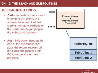 10.2
10.2 SUBROUTINES
CH. 10: THE STACK AND SUBROUTINES
• Call – instruction that is used
to jump to the subroutine
address label and handles
storing the return address on
the stack prior to jumping to
the subroutine address.
• Ret – instruction used at the
end of the subroutine that
pops the return address off
the stack and places it into
PC to return to the main
program.
Main Program
Subroutine 1
Subroutine 2
 