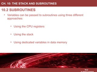 10.2
10.2 SUBROUTINES
CH. 10: THE STACK AND SUBROUTINES
• Variables can be passed to subroutines using three different
approaches:
• Using the CPU registers
• Using the stack
• Using dedicated variables in data memory
Image Courtesy of
Recording Connection of Canada
Image Courtesy of
Recording Connection of Canada
Image Courtesy of
Recording Connection of Canada
Image Courtesy of
Recording Connection of Canada
Image Courtesy of https://neodem.wp.horizon.ac.uk/
 