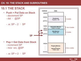 10.1 THE
10.1 THE STACK
CH. 10: THE STACK AND SUBROUTINES
• Push = Put Data on Stack
- decrement SP
- dst  @SP
- .w: SP – 2  SP
• Pop = Get Data from Stack
- increment SP
- mov src, @SP
- .w: SP + 2  SP
SP
 