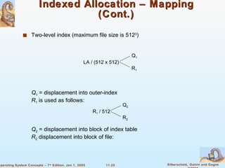 Indexed Allocation – Mapping (Cont.) Two-level index (maximum file size is 512 3 ) LA / (512 x 512) Q 1 R 1 Q 1  = displacement into outer-index R 1  is used as follows: R 1  / 512 Q 2 R 2 Q 2  = displacement into block of index table R 2  displacement into block of file: 