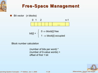 Free-Space Management Bit vector  ( n  blocks) … 0 1 2 n-1 bit[ i ] =  0    block[ i ] free 1    block[ i ] occupied Block number calculation (number of bits per word) * (number of 0-value words) + offset of first 1 bit 