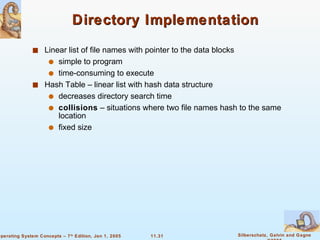 Directory Implementation Linear list of file names with pointer to the data blocks simple to program time-consuming to execute Hash Table – linear list with hash data structure decreases directory search time collisions  – situations where two file names hash to the same location fixed size 