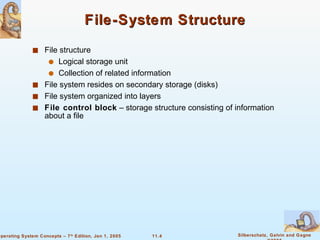 File-System Structure File structure Logical storage unit Collection of related information File system resides on secondary storage (disks) File system organized into layers File control block  – storage structure consisting of information about a file 