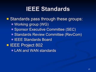 IEEE Standards Standards pass through these groups: Working group (WG) Sponsor Executive Committee (SEC) Standards Review Committee (RevCom) IEEE Standards Board IEEE Project 802 LAN and WAN standards 