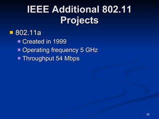 IEEE Additional 802.11 Projects 802.11a Created in 1999 Operating frequency 5 GHz Throughput 54 Mbps 