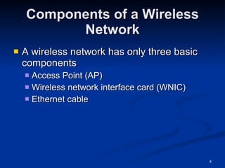 Components of a Wireless Network A wireless network has only three basic components Access Point (AP) Wireless network interface card (WNIC) Ethernet cable 