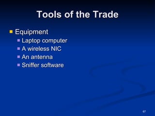 Tools of the Trade Equipment Laptop computer A wireless NIC An antenna Sniffer software 