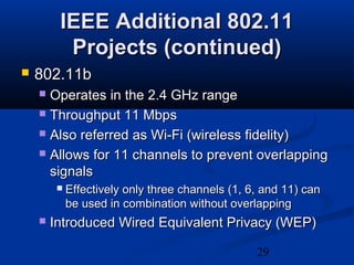 29
IEEE Additional 802.11IEEE Additional 802.11
Projects (continued)Projects (continued)
 802.11b802.11b
 Operates in the 2.4 GHz rangeOperates in the 2.4 GHz range
 Throughput 11 MbpsThroughput 11 Mbps
 Also referred as Wi-Fi (wireless fidelity)Also referred as Wi-Fi (wireless fidelity)
 Allows for 11 channels to prevent overlappingAllows for 11 channels to prevent overlapping
signalssignals
 Effectively only three channels (1, 6, and 11) canEffectively only three channels (1, 6, and 11) can
be used in combination without overlappingbe used in combination without overlapping
 Introduced Wired Equivalent Privacy (WEP)Introduced Wired Equivalent Privacy (WEP)
 