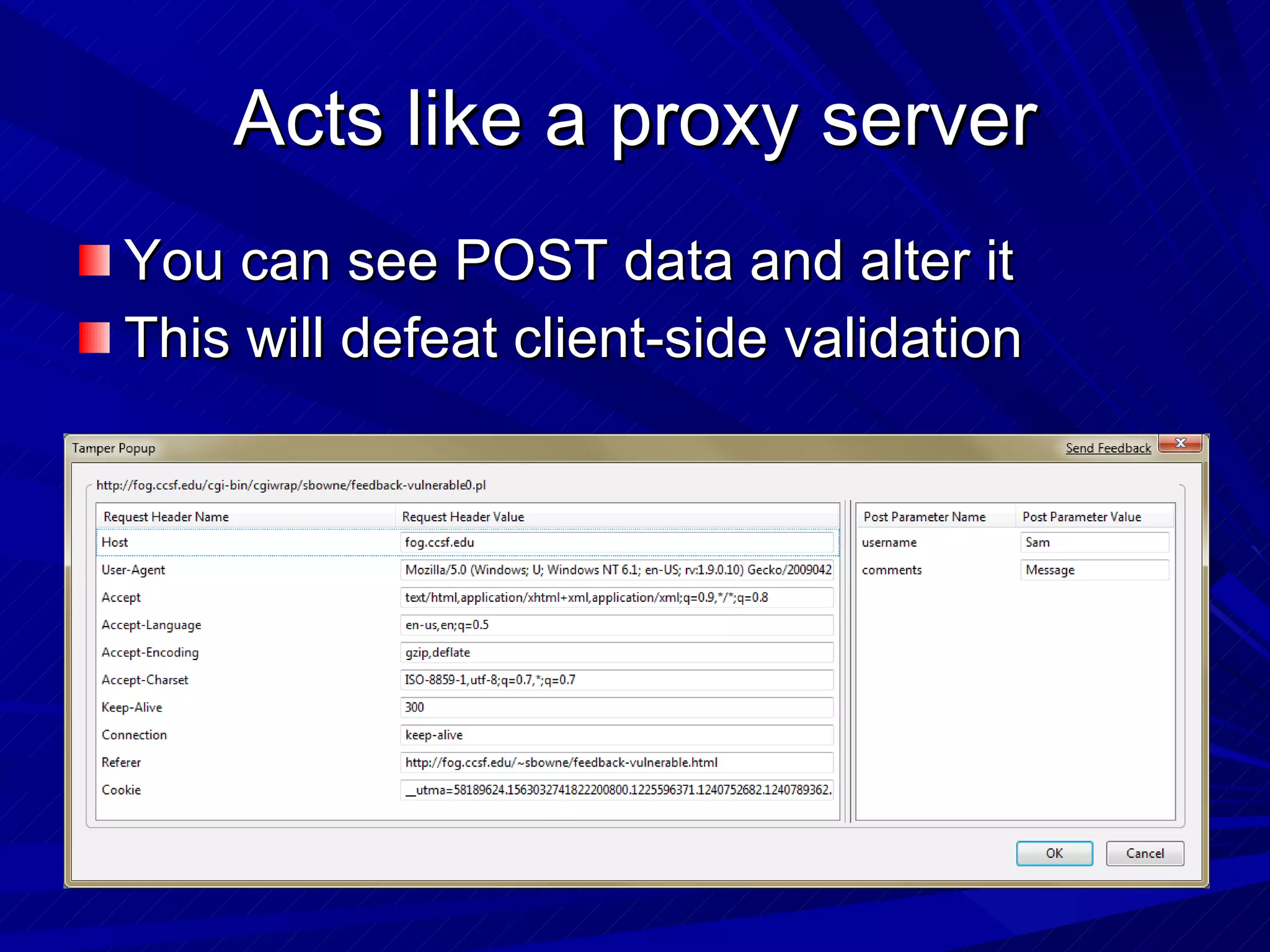 Acts like a proxy server You can see POST data and alter it This will defeat client-side validation 