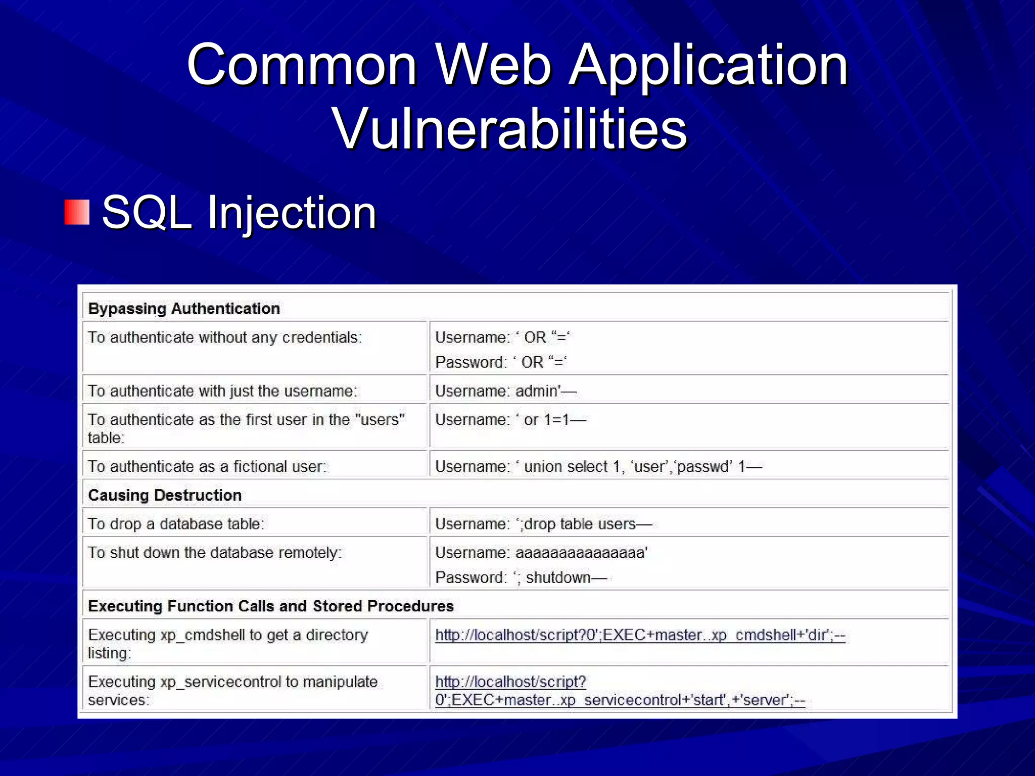 Common Web Application Vulnerabilities  SQL Injection  