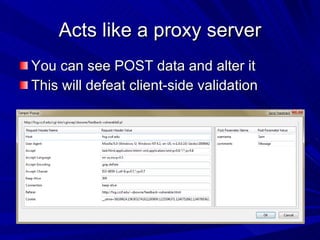 Acts like a proxy server You can see POST data and alter it This will defeat client-side validation 