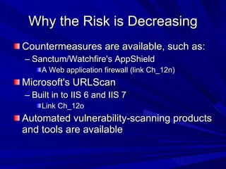 Why the Risk is Decreasing Countermeasures are available, such as: Sanctum/Watchfire's AppShield  A Web application firewall (link Ch_12n) Microsoft's URLScan  Built in to IIS 6 and IIS 7 Link Ch_12o Automated vulnerability-scanning products and tools are available 