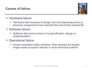 Causes of failureHardware failureHardware fails because of design and manufacturing errors or because components have reached the end of their natural life.Software failureSoftware fails due to errors in its specification, design or implementation.Operational failureHuman operators make mistakes. Now perhaps the largest single cause of system failures in socio-technical systems.5Chapter 11 Security and Dependability