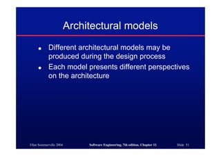 ©Ian Sommerville 2004 Software Engineering, 7th edition. Chapter 11 Slide 51
Architectural models
● Different architectural models may be
produced during the design process
● Each model presents different perspectives
on the architecture
 