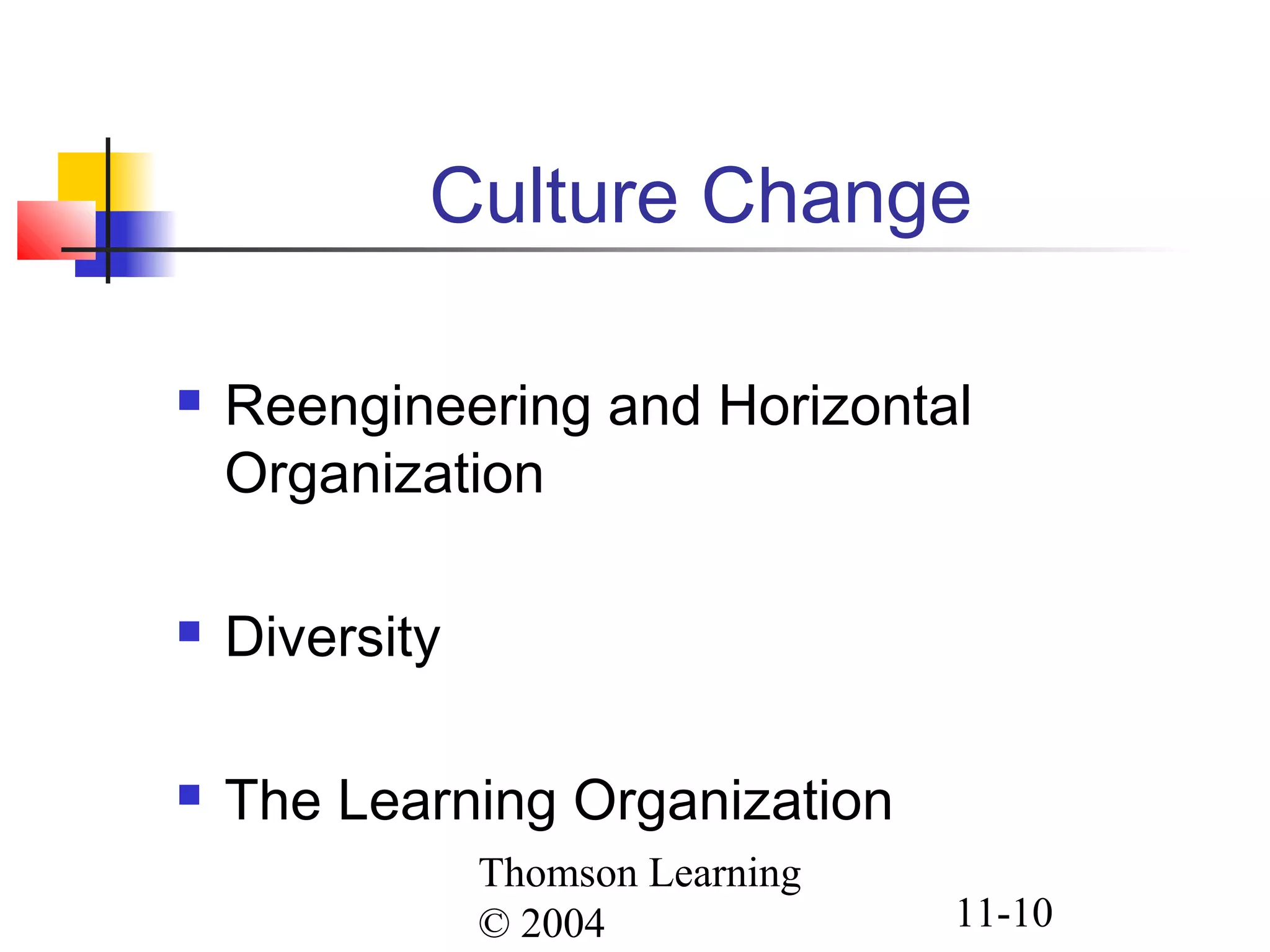 Thomson Learning
© 2004 11-10
Culture Change
 Reengineering and Horizontal
Organization
 Diversity
 The Learning Organization
 
