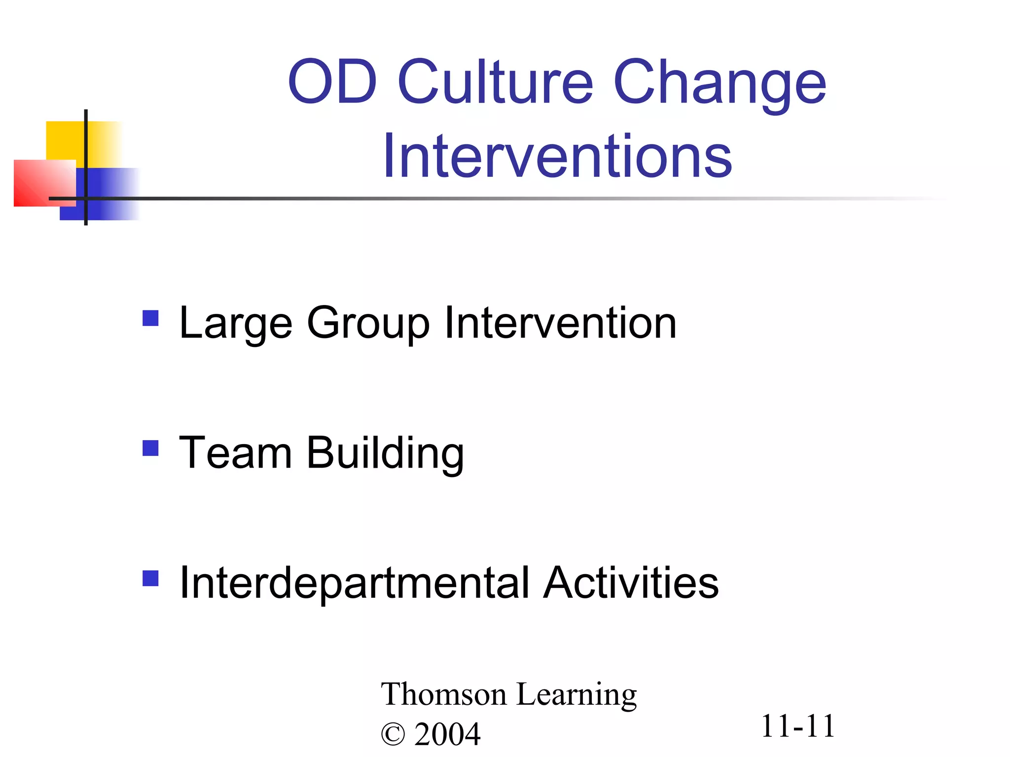 Thomson Learning
© 2004 11-11
OD Culture Change
Interventions
 Large Group Intervention
 Team Building
 Interdepartmental Activities
 