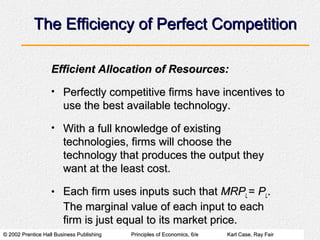 © 2002 Prentice Hall Business Publishing© 2002 Prentice Hall Business Publishing Principles of Economics, 6/ePrinciples of Economics, 6/e Karl Case, Ray FairKarl Case, Ray Fair
The Efficiency of Perfect CompetitionThe Efficiency of Perfect Competition
Efficient Allocation of Resources:Efficient Allocation of Resources:
• Perfectly competitive firms have incentives toPerfectly competitive firms have incentives to
use the best available technology.use the best available technology.
• With a full knowledge of existingWith a full knowledge of existing
technologies, firms will choose thetechnologies, firms will choose the
technology that produces the output theytechnology that produces the output they
want at the least cost.want at the least cost.
• Each firm uses inputs such thatEach firm uses inputs such that MRPMRPLL == PPLL..
The marginal value of each input to eachThe marginal value of each input to each
firm is just equal to its market price.firm is just equal to its market price.
 