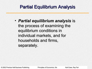 © 2002 Prentice Hall Business Publishing© 2002 Prentice Hall Business Publishing Principles of Economics, 6/ePrinciples of Economics, 6/e Karl Case, Ray FairKarl Case, Ray Fair
Partial Equilibrium AnalysisPartial Equilibrium Analysis
• Partial equilibrium analysisPartial equilibrium analysis isis
the process of examining thethe process of examining the
equilibrium conditions inequilibrium conditions in
individual markets, and forindividual markets, and for
households and firms,households and firms,
separately.separately.
 