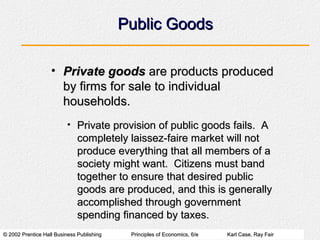 © 2002 Prentice Hall Business Publishing© 2002 Prentice Hall Business Publishing Principles of Economics, 6/ePrinciples of Economics, 6/e Karl Case, Ray FairKarl Case, Ray Fair
Public GoodsPublic Goods
• Private goodsPrivate goods are products producedare products produced
by firms for sale to individualby firms for sale to individual
households.households.
• Private provision of public goods fails. APrivate provision of public goods fails. A
completely laissez-faire market will notcompletely laissez-faire market will not
produce everything that all members of aproduce everything that all members of a
society might want. Citizens must bandsociety might want. Citizens must band
together to ensure that desired publictogether to ensure that desired public
goods are produced, and this is generallygoods are produced, and this is generally
accomplished through governmentaccomplished through government
spending financed by taxes.spending financed by taxes.
 
