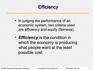 © 2002 Prentice Hall Business Publishing© 2002 Prentice Hall Business Publishing Principles of Economics, 6/ePrinciples of Economics, 6/e Karl Case, Ray FairKarl Case, Ray Fair
EfficiencyEfficiency
• In judging the performance of anIn judging the performance of an
economic system, two criteria usedeconomic system, two criteria used
are efficiency and equity (fairness).are efficiency and equity (fairness).
• EfficiencyEfficiency is the condition inis the condition in
which the economy is producingwhich the economy is producing
what people want at the leastwhat people want at the least
possible cost.possible cost.
 