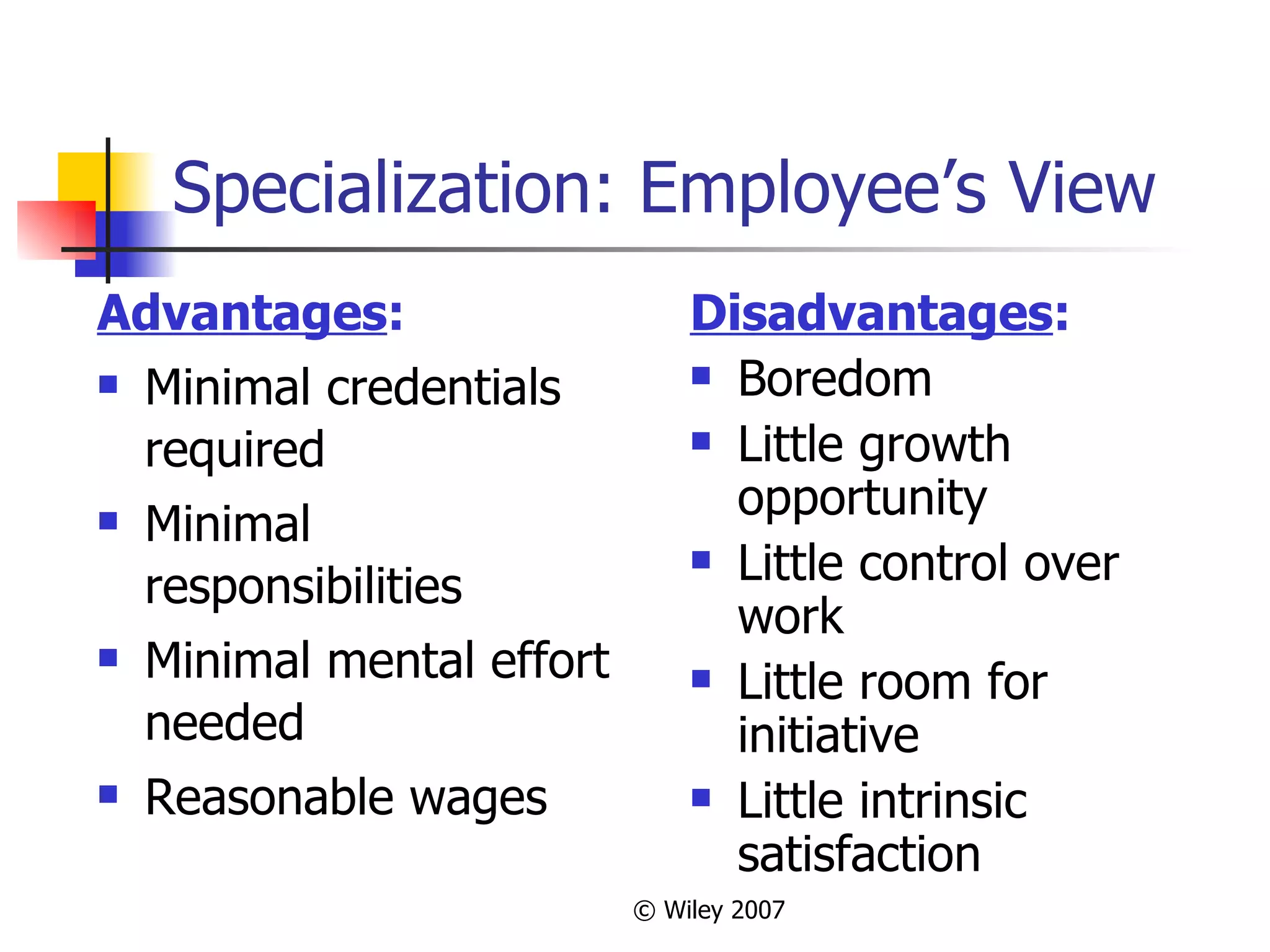 Specialization: Employee’s View Advantages : Minimal credentials required Minimal responsibilities Minimal mental effort needed Reasonable wages Disadvantages : Boredom Little growth opportunity Little control over work Little room for initiative Little intrinsic satisfaction 