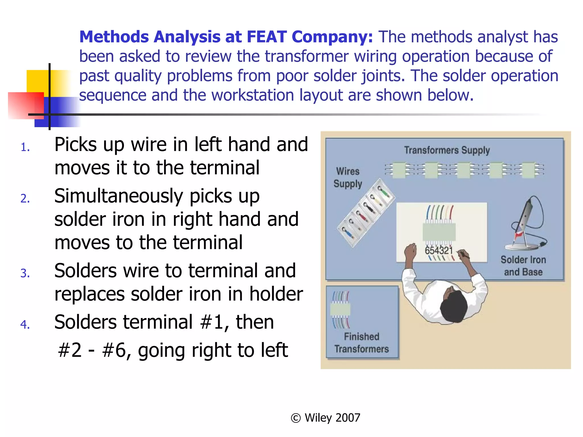 Methods Analysis at FEAT Company:  The methods analyst has been asked to review the transformer wiring operation because of past quality problems from poor solder joints. The solder operation sequence and the workstation layout are shown below.   Picks up wire in left hand and moves it to the terminal Simultaneously picks up solder iron in right hand and moves to the terminal Solders wire to terminal and replaces solder iron in holder Solders terminal #1, then #2 - #6, going right to left 