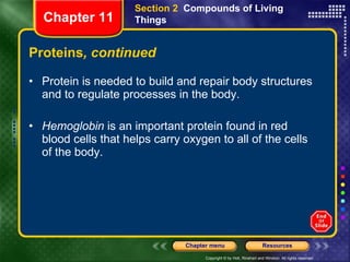 Proteins , continued Protein is needed to build and repair body structures and to regulate processes in the body. Hemoglobin  is an important protein found in red blood cells that helps carry oxygen to all of the cells of the body. Section 2  Compounds of Living Things Chapter 11 