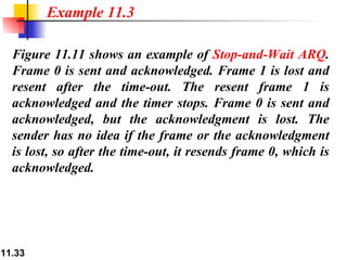 Figure 11.11 shows an example of  Stop-and-Wait ARQ . Frame 0 is sent and acknowledged. Frame 1 is lost and resent after the time-out. The resent frame 1 is acknowledged and the timer stops. Frame 0 is sent and acknowledged, but the acknowledgment is lost. The sender has no idea if the frame or the acknowledgment is lost, so after the time-out, it resends frame 0, which is acknowledged. Example 11.3 
