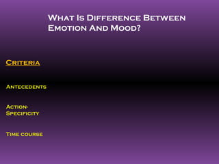 What Is Difference Between
              Emotion And Mood?



Criteria


Antecedents


Action-
Specificity


Time course
 