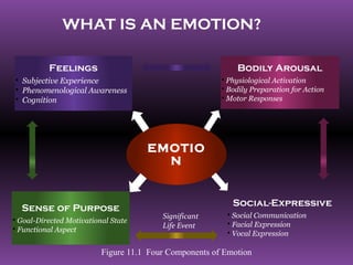 WHAT IS AN EMOTION?

          Feelings                                          Bodily Arousal
• Subjective Experience                                 • Physiological Activation
• Phenomenological Awareness                            • Bodily Preparation for Action
• Cognition                                             • Motor Responses




                                     EMOTIO
                                       N


                                                           Social-Expressive
  Sense of Purpose
• Goal-Directed Motivational State       Significant     • Social Communication
                                         Life Event      • Facial Expression
• Functional Aspect
                                                         • Vocal Expression

                          Figure 11.1 Four Components of Emotion
 
